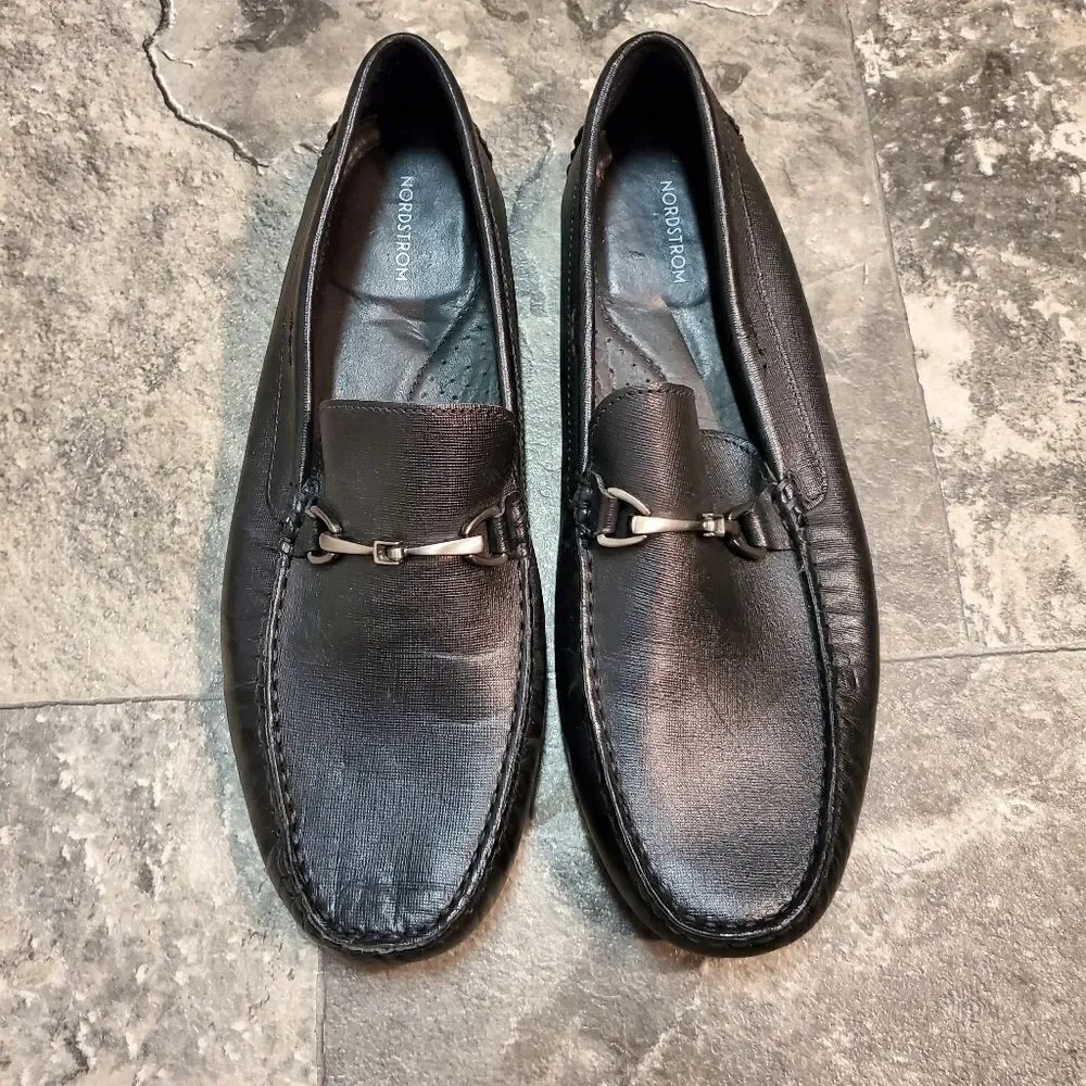 Nordstrom Brand Black Leather Horsebit Vamp Moc Toe Driving Loafers Men's 10.5 M